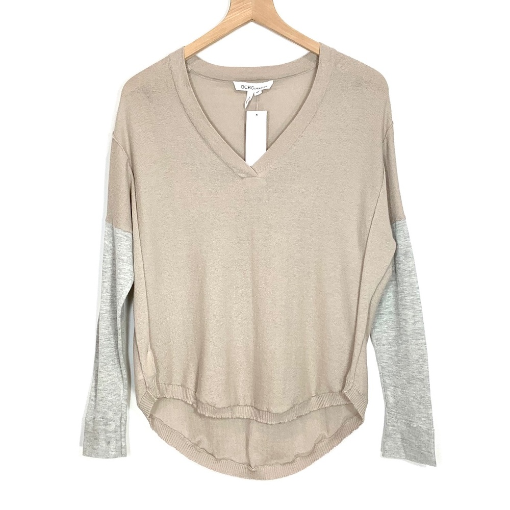 BCBG Colorblock Tan Dropped Shoulder V- Neck Sweater